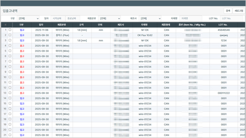 85146d37d9a74bc9e90fddd82a8fa6b2_1773970852_6454.jpg 세아제강 포항공장 자재 입출고 내역 화면
