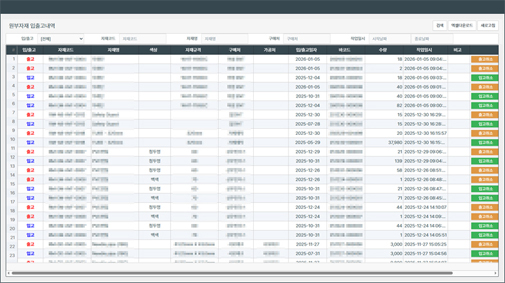85146d37d9a74bc9e90fddd82a8fa6b2_1773993630_6268.jpg 원부자재 입출고내역 화면
