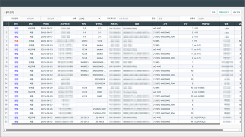 세메스 자산 반출입 관리 시스템 - 반입 반출 내역 화면