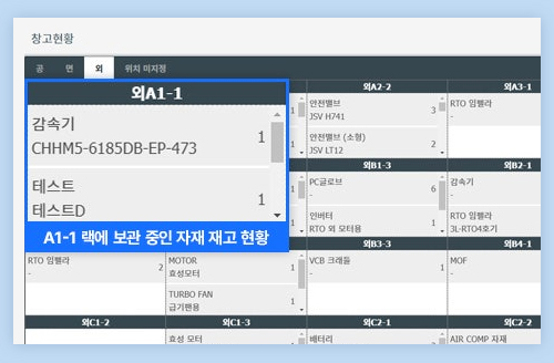 랙 위치별 자재 재고 현황.jpg 자재 위치와 재고 현황 화면